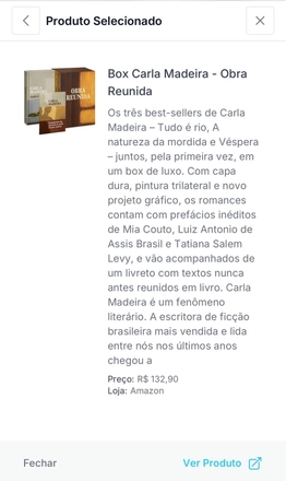 Tela de produto selecionado no Lista Ideal com detalhes do Box de livros de Carla Madeira e botão Ver Produto
