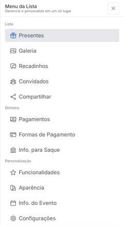 Tela do Menu da Lista do Lista Ideal com opções divididas entre Lista, Dinheiro e Personalização