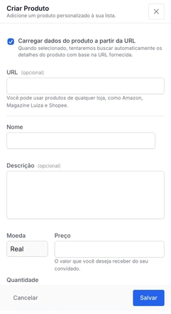 Tela do formulário Criar Produto no Lista Ideal com campos para URL, nome, descrição, moeda, preço e quantidade