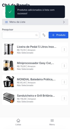 Tela do app do Lista Ideal exibindo confirmação de produtos adicionados à lista com sucesso