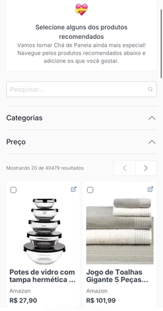 Tela do Lista Ideal mostrando sugestões de produtos como potes de vidro e jogo de toalhas para adicionar à lista