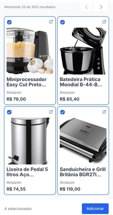 Tela do Lista Ideal exibindo cards de produtos selecionados como miniprocessador, batedeira, lixeira e sanduicheira