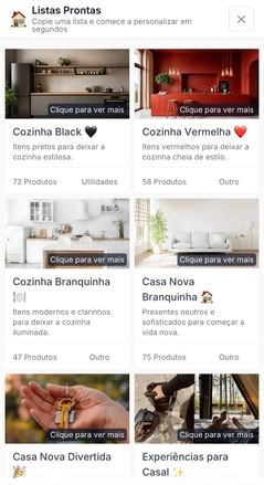 Tela do app do Lista Ideal exibindo a seção Listas Prontas com diversos modelos de listas de presentes para escolher