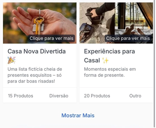 Tela do Lista Ideal mostrando cartões de sugestão de listas prontos chamados Casa Nova Divertida e Experiências para Casal