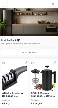 Tela do Lista Ideal mostrando a lista pronta Cozinha Black com botão para copiar e opções de produtos para adicionar