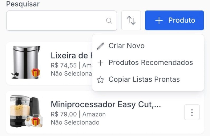 Tela do Lista Ideal exibindo menu com opções para criar novo item, ver produtos recomendados ou copiar listas prontas